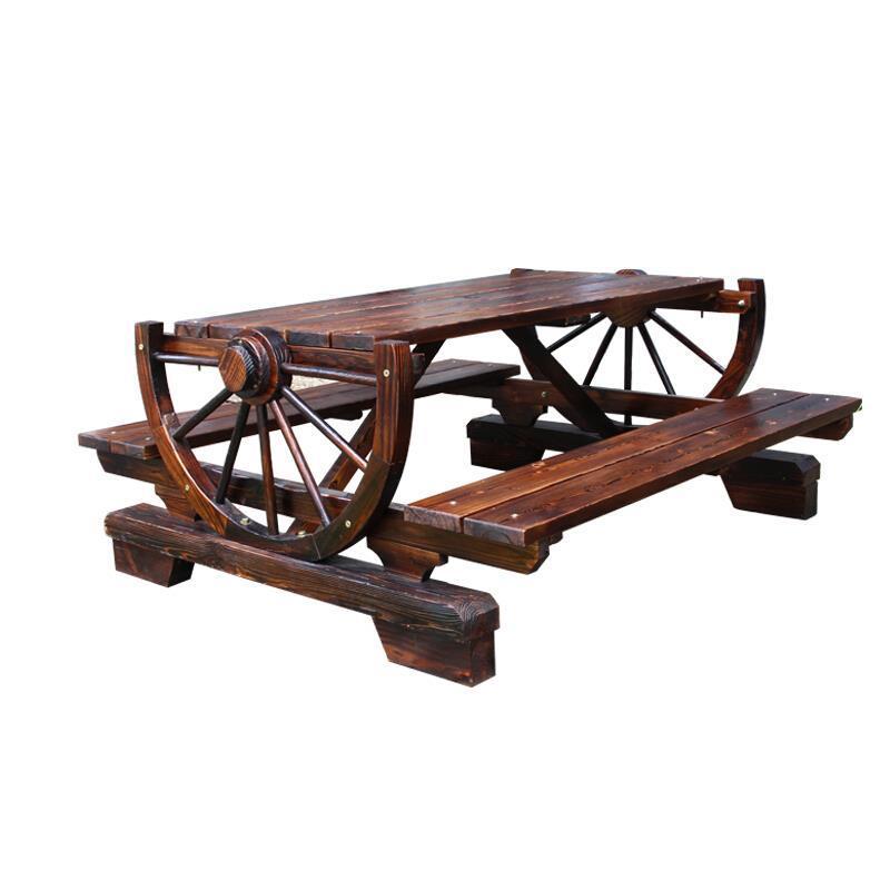 Outdoor Courtyard Tables And Chairs Conjoined Wheel Leisure Tables And Chairs Solid Wood Carbonization