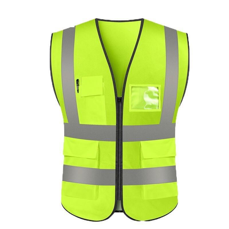 Yellow Green Reflective Vest Zipper Multi Pocket Reflective Vest Fluorescent Car Traffic Safety Warning Vest 4 Reflective Strips For Environmental Sanitation And Construction Workers Riding Safety Suit