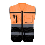 Zipper Multi Pocket Reflective Vest Traffic Safety Warning Vest 2 Reflective Strips Construction Riding Safety Suit - Fluorescent Orange + Black