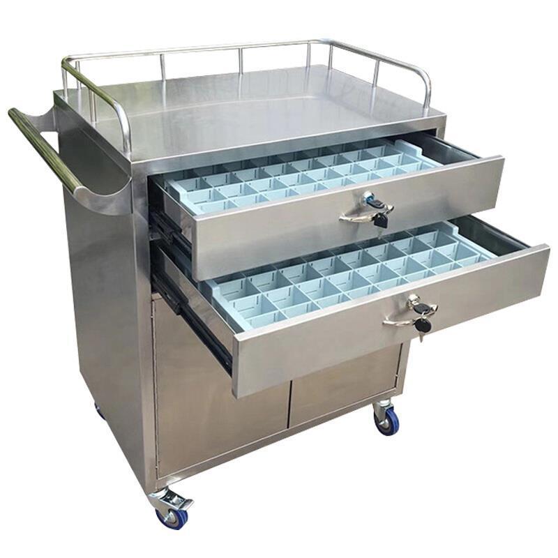 2 Tier Stainless Steel Dressing Cart Medicine Delivery Trolley Instrument Table Nursing Medicine Cabinet Clinic Mobile Tool Cart Cabinet Type Two Draw Two Door 80 Grid