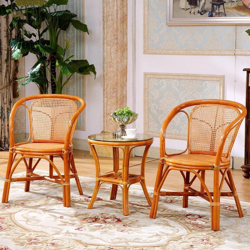 Real Rattan Chair Three Piece Set Balcony Table Chair Living Room Leisure Chair Knitting Modern Simple Tea Table Back Single Teng Chair