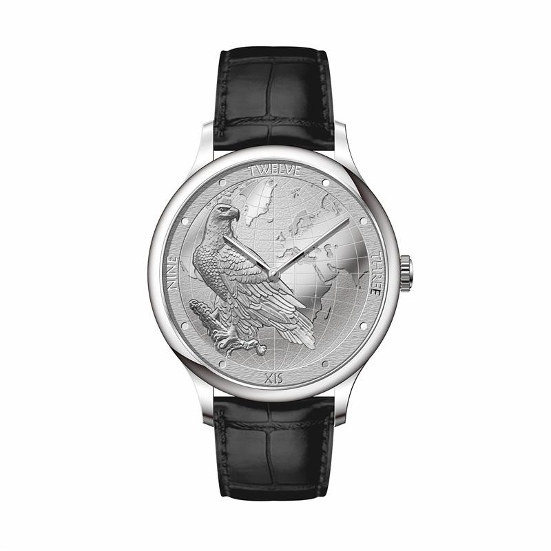 CHIYODA Men's Watch, Swiss Quartz Wrist Watch with Leather Strap, Platinum Plated with Carving Process of Map and Eagle Pattern